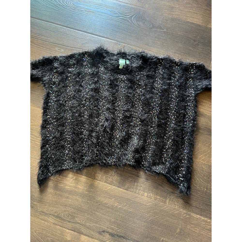 ShuShu Black Sequin Fuzzy Sparkle Boxy Top‎ Shirt Party Holiday S/M